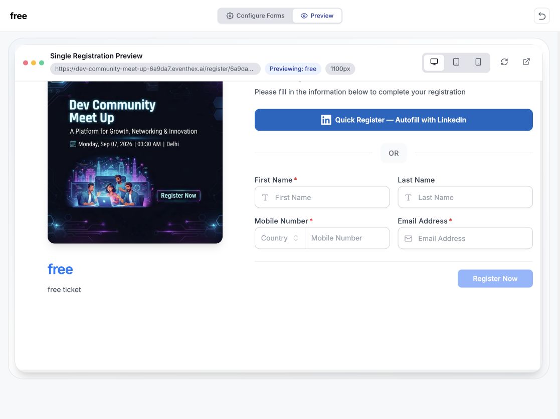 EventHex desktop registration form preview