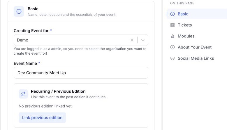 EventHex event setup details with complete field labels and controls