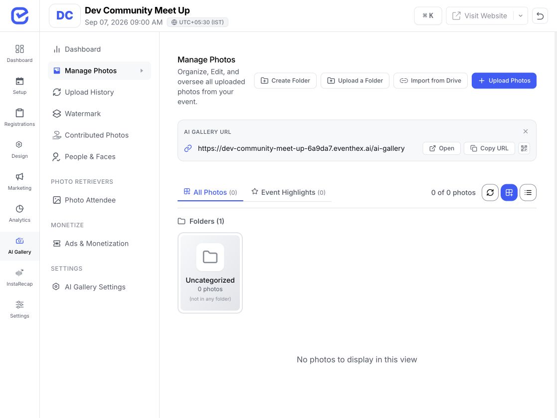 EventHex Manage Photos workspace with gallery folders and upload controls