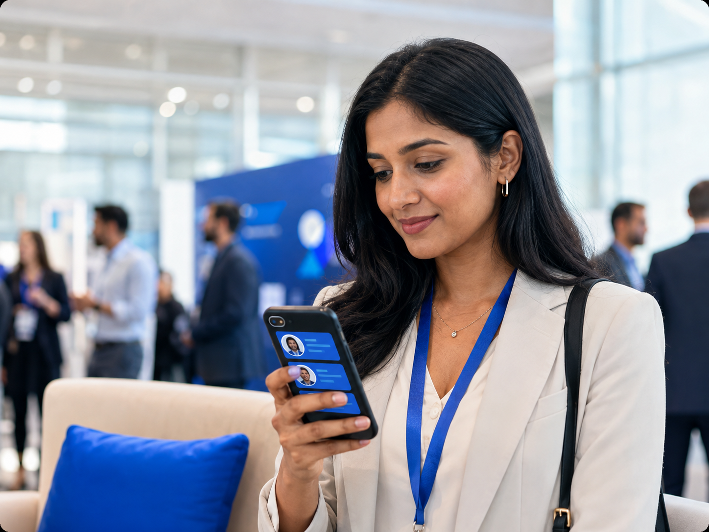 An attendee reviewing recommended professional connections on her phone at a conference