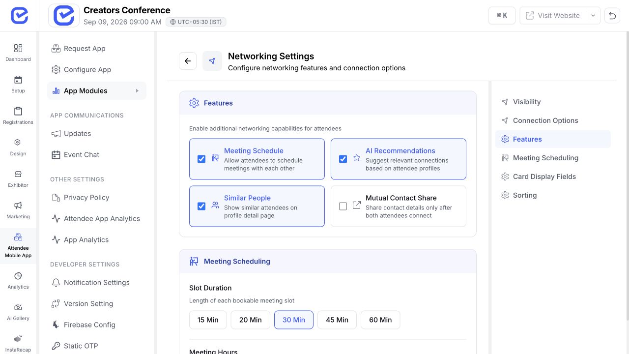 EventHex networking features with AI Recommendations and Similar People enabled