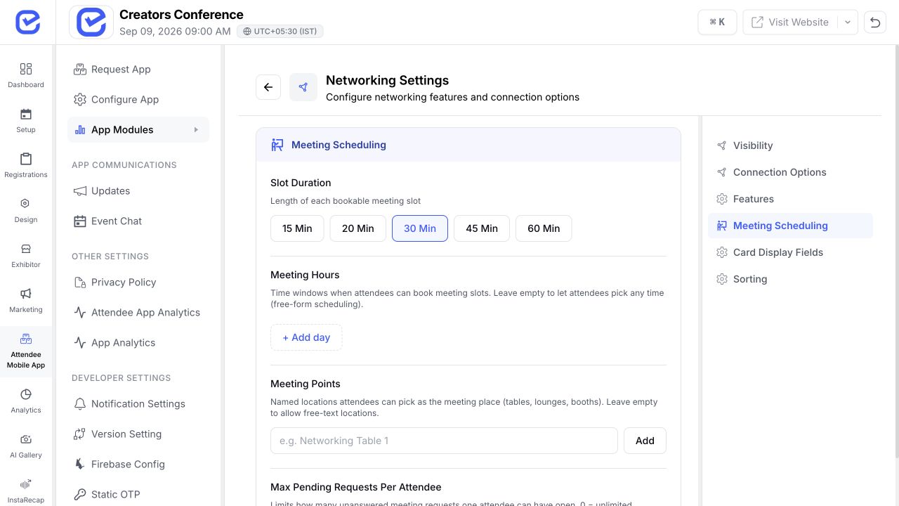 EventHex networking meeting scheduling controls for slots, hours, and meeting points