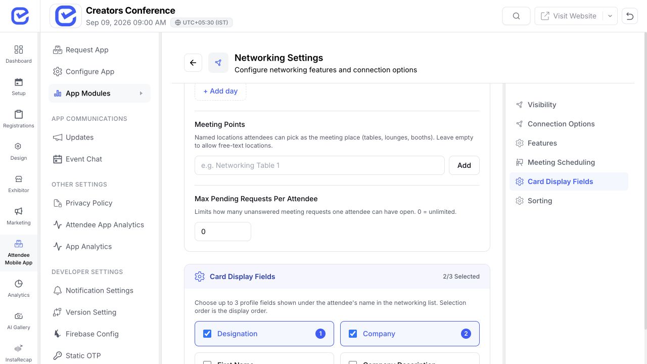 EventHex networking profile-card field settings for designation and company
