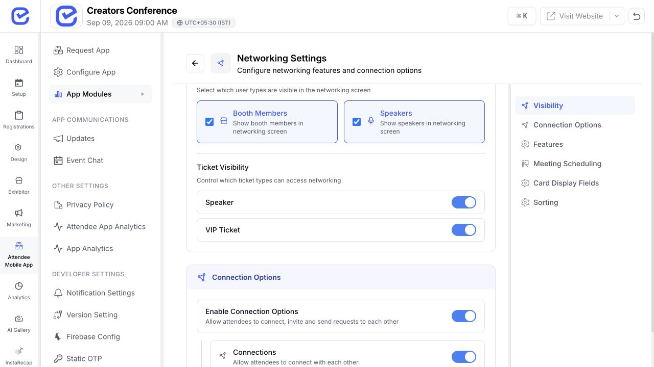 EventHex networking visibility settings for booth members, speakers, and ticket types