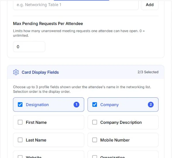 EventHex profile-card field settings for the attendee networking directory