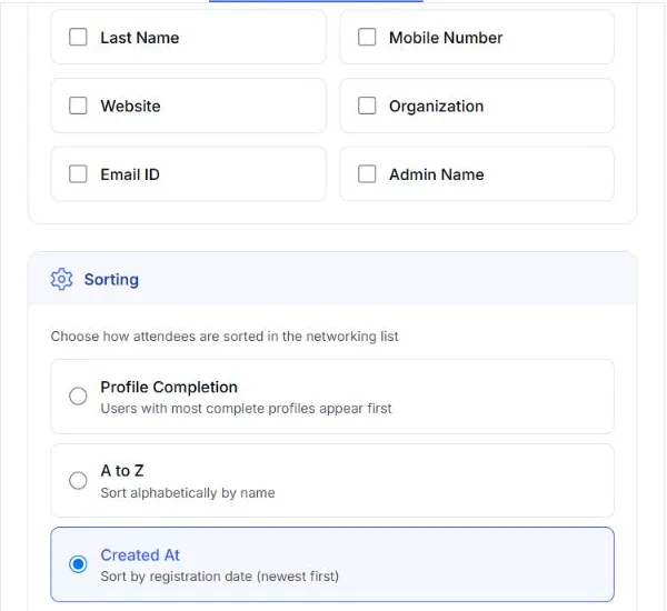 EventHex attendee directory sorting settings