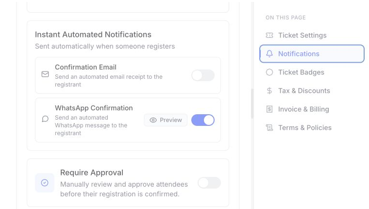 EventHex Require Approval setting for attendee registrations
