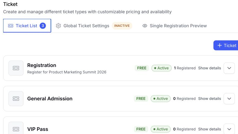 EventHex ticket list for an event registration workflow