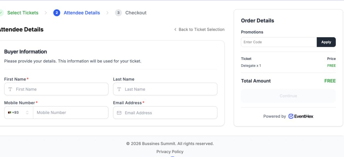 EventHex multi-ticket checkout attendee details