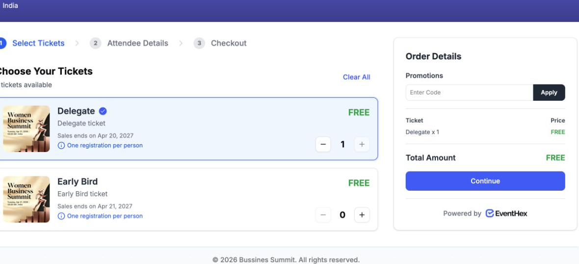 EventHex multi-ticket checkout selection