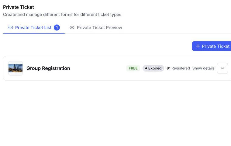 EventHex private ticket management screen