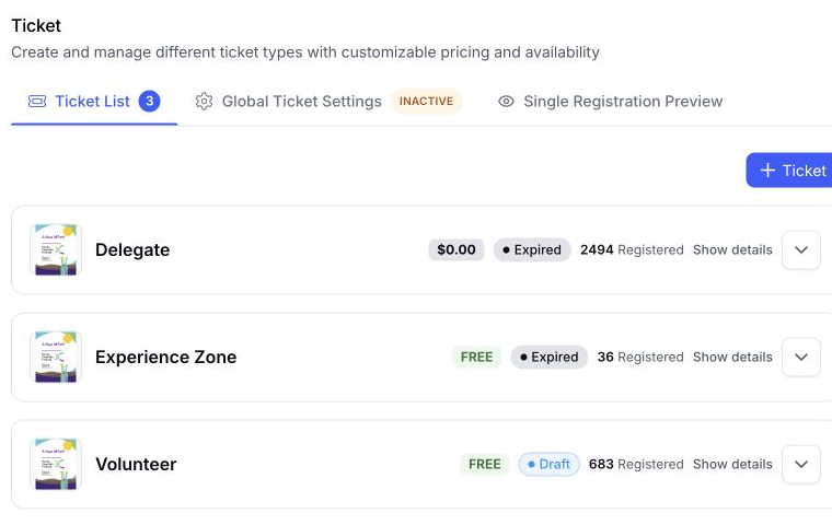 EventHex ticket list and pricing view
