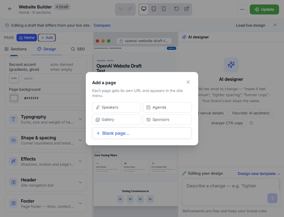 EventHex Website Builder dialog for adding a new event or blank page