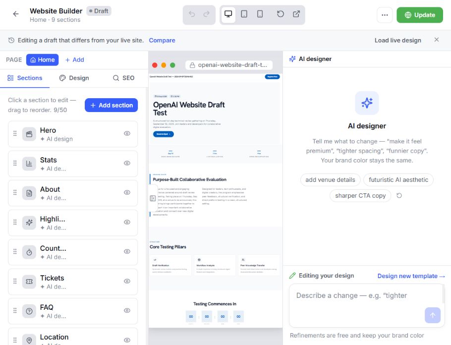 EventHex Website Builder showing the Home page section list and live website preview
