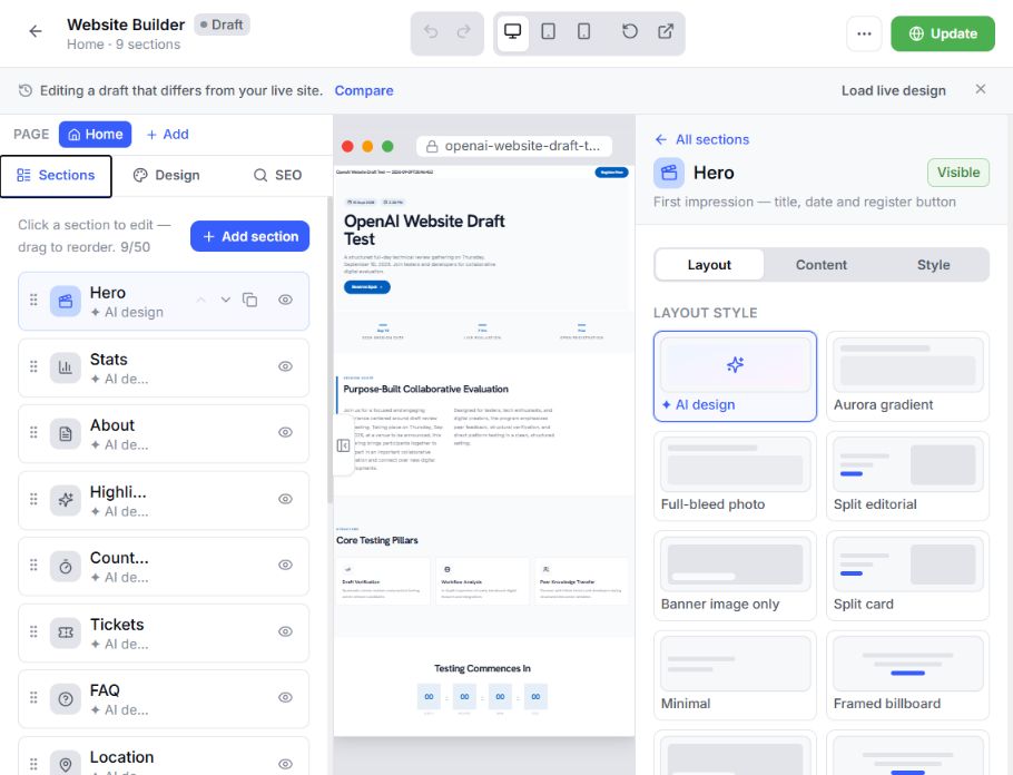 EventHex Website Builder controls for refining an individual hero section