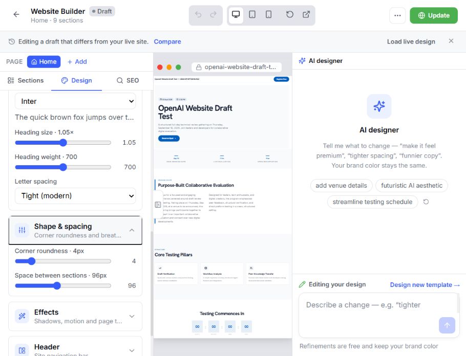 EventHex Website Builder shape and spacing controls