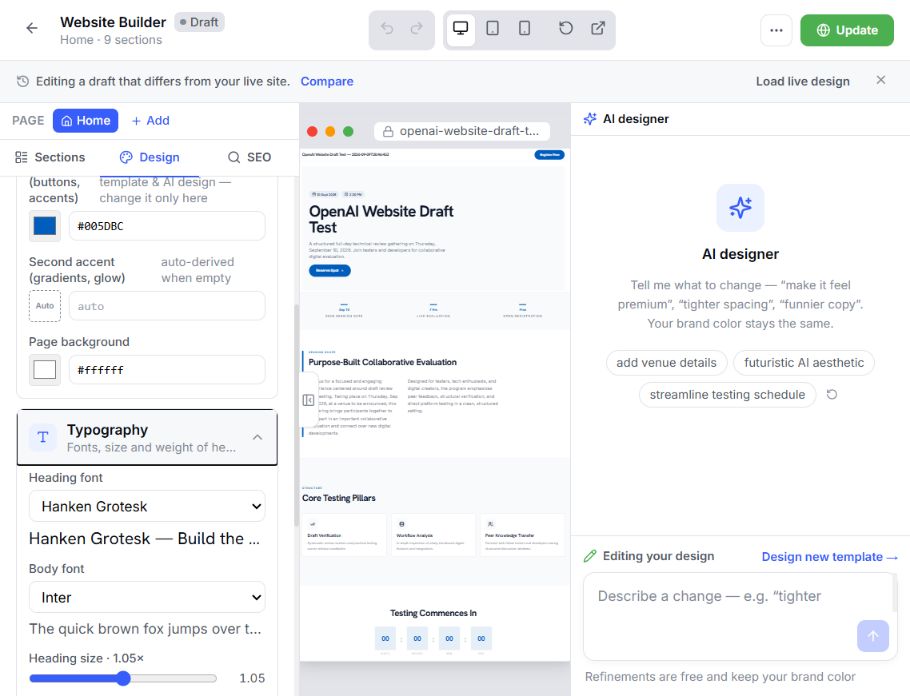 EventHex Website Builder typography controls and live page preview
