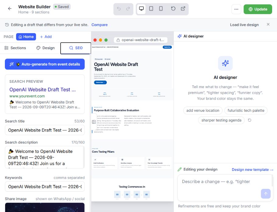 EventHex Website Builder SEO panel for search, social sharing and page metadata