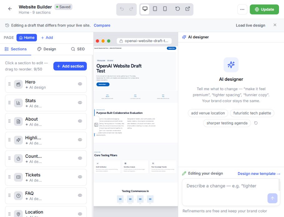 EventHex Website Builder Studio showing a private event website draft and editable section list