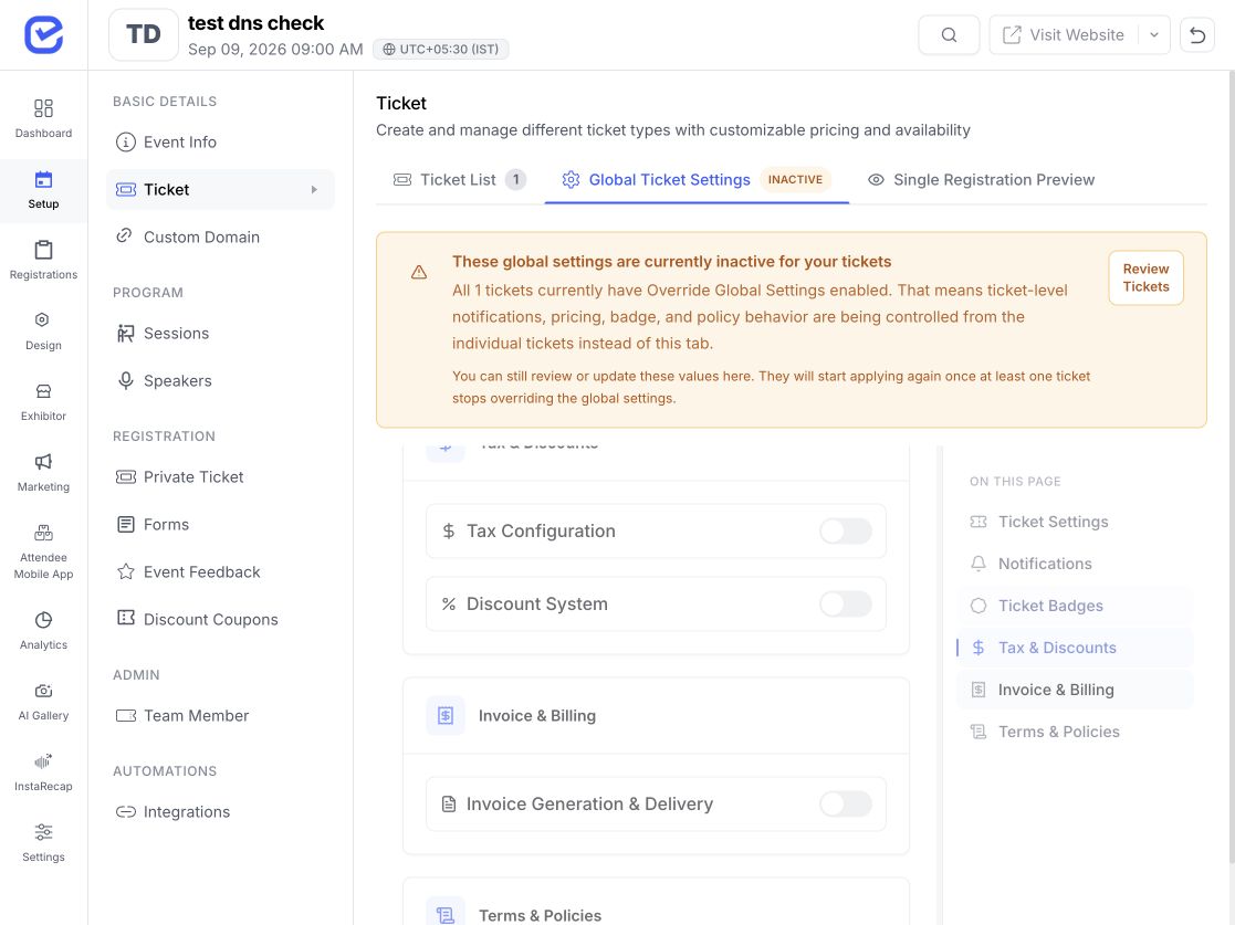 EventHex Global Ticket Settings showing Invoice and Billing controls