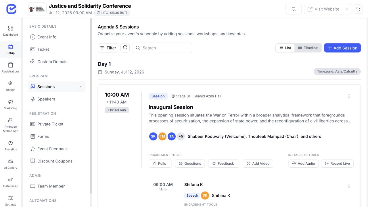 EventHex session workspace showing assigned speakers and their session roles