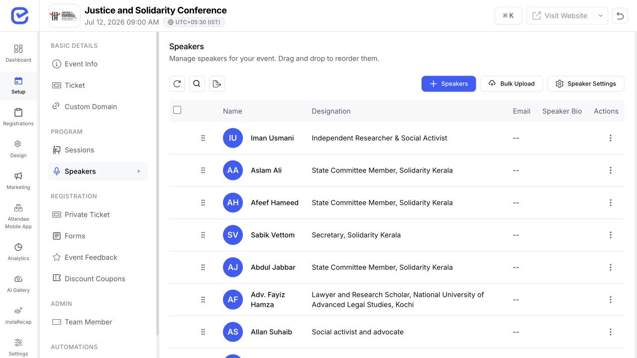 EventHex speaker directory showing connected speaker profiles and designations
