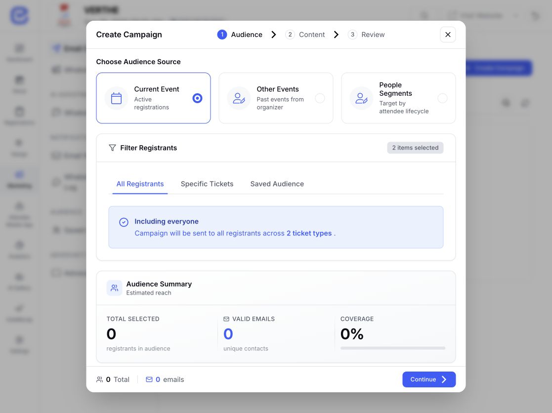 EventHex audience selection workflow for an email campaign