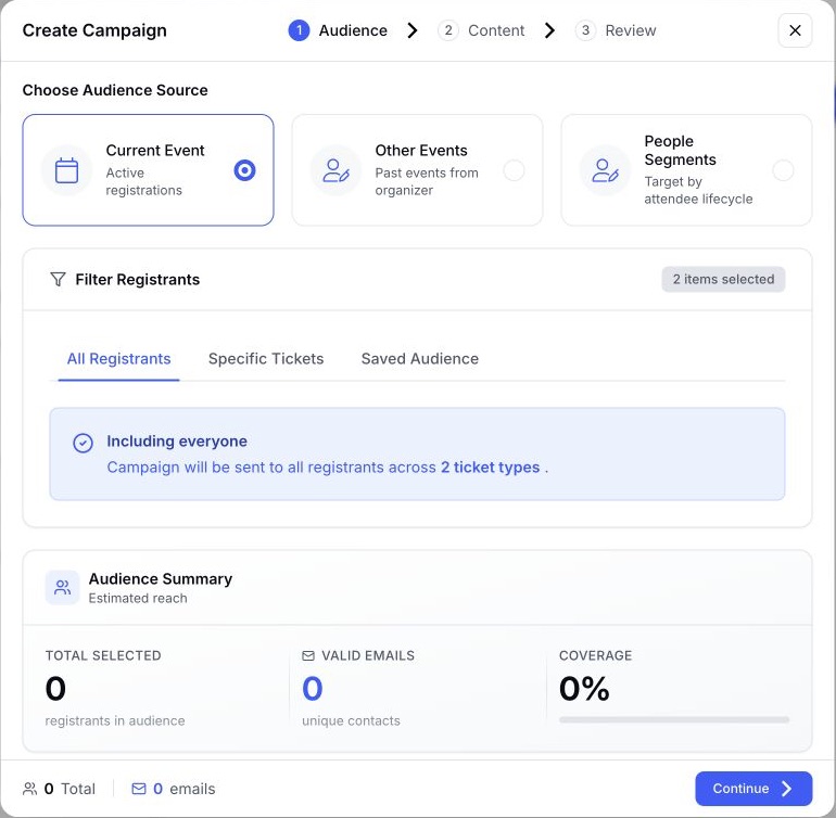 EventHex campaign audience builder with event, segment, ticket, and saved-audience options