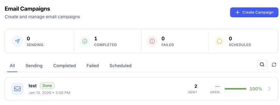 EventHex Email Campaigns workspace showing a completed campaign with send and open metrics
