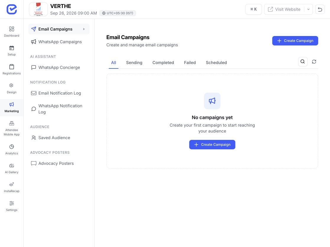 EventHex Email Campaigns portal showing campaign filters and creation controls
