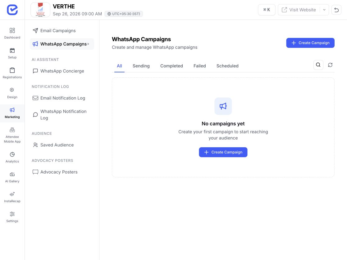 EventHex WhatsApp Campaigns portal showing campaign filters and creation controls