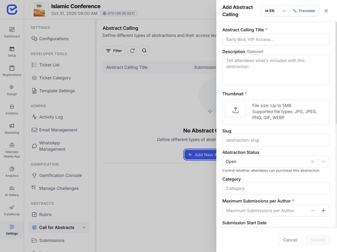 EventHex call for abstracts setup panel
