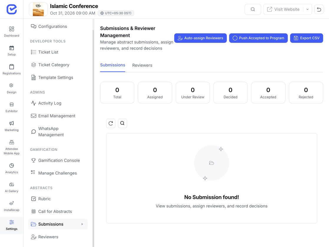 EventHex abstract submissions, decisions, and export workspace