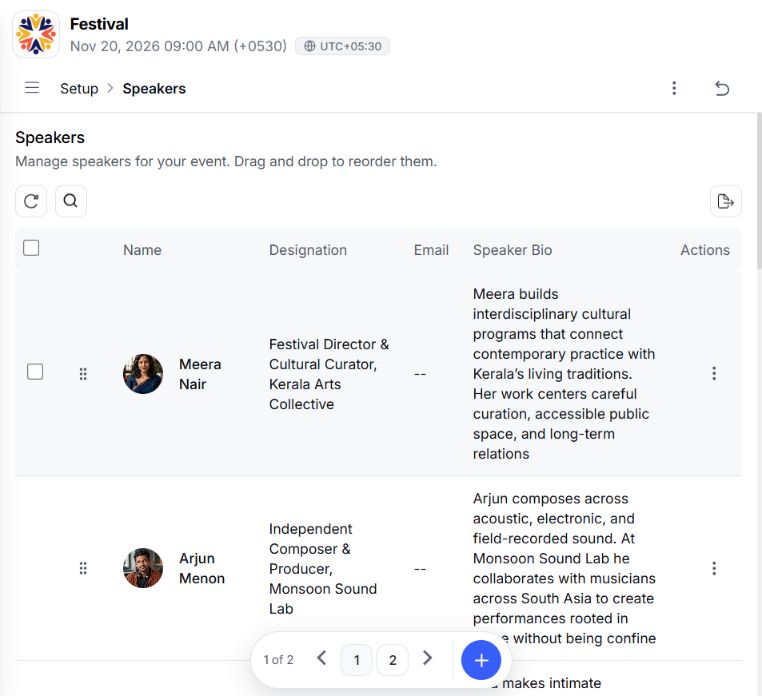 EventHex speaker workspace with profiles and programme assignments
