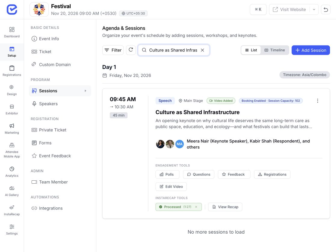 EventHex speaker roles connected to a session