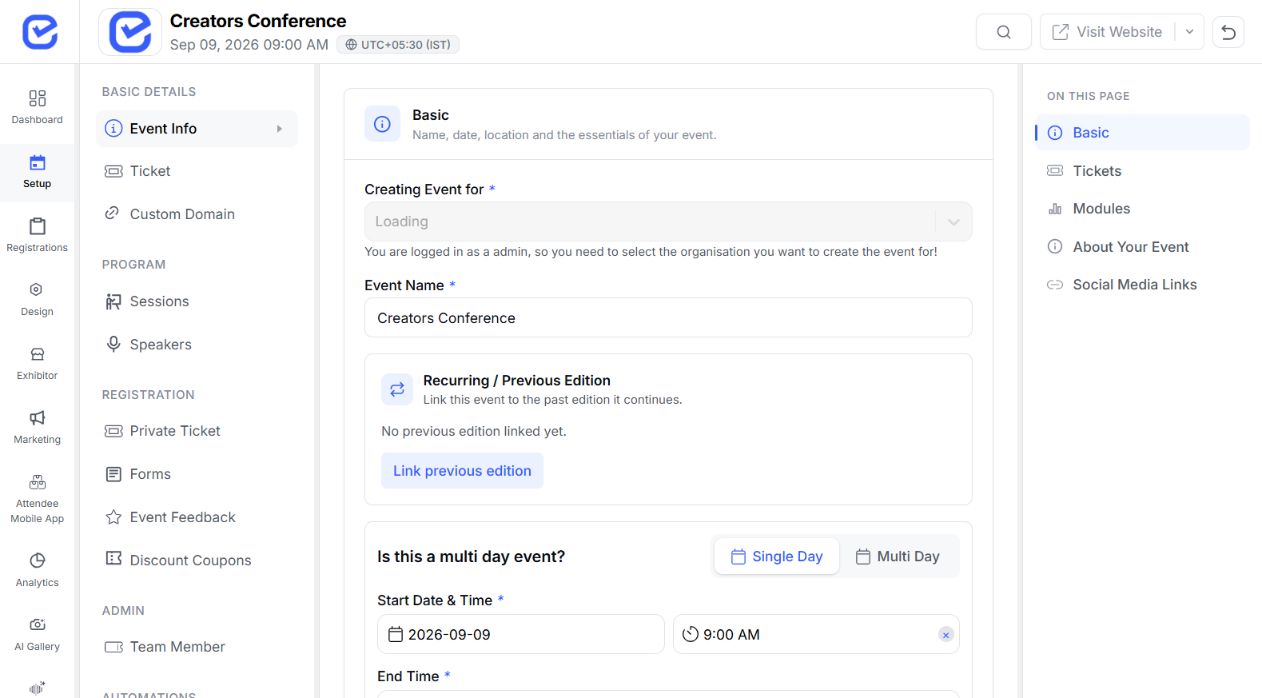 EventHex event timezone, schedule and venue settings used to generate meeting availability