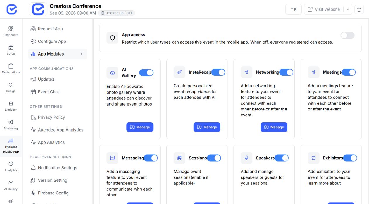 Meetings module enabled in the EventHex attendee mobile app settings