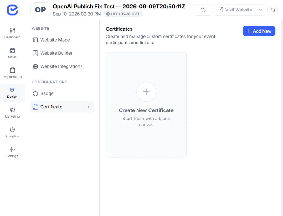 EventHex certificate settings workspace for choosing certificate eligibility