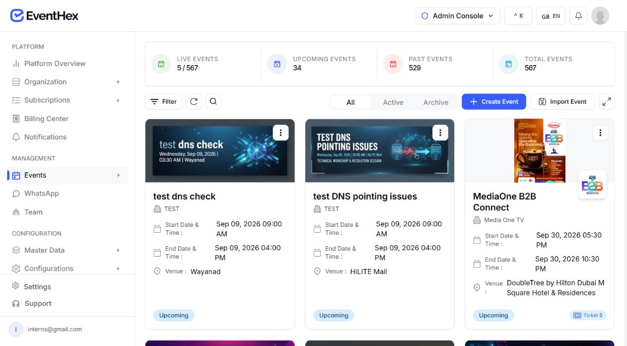 EventHex event overview showing event dates, status, and event context