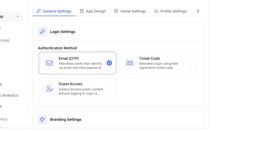 EventHex attendee mobile app configuration with login, branding, design, and home settings