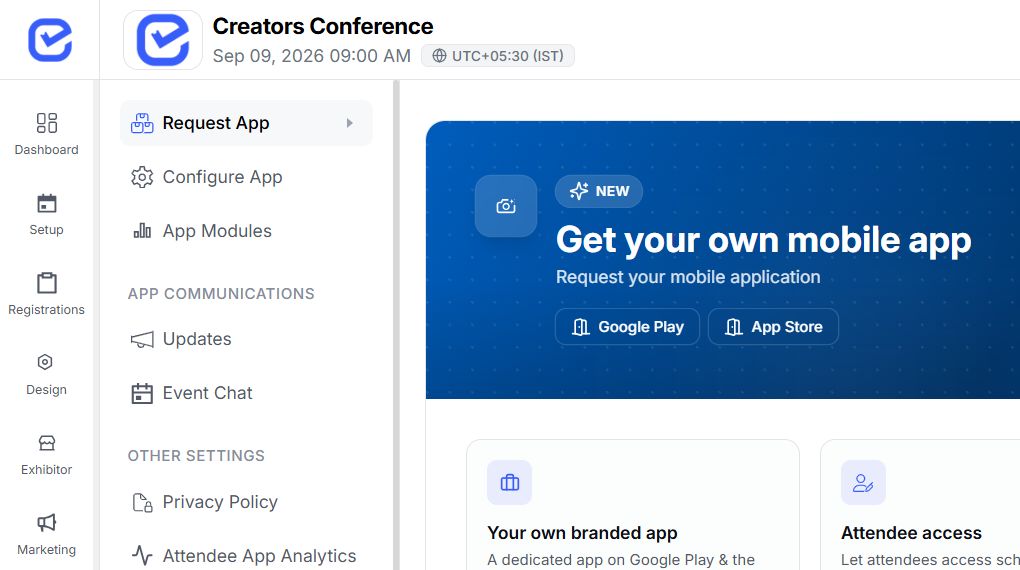 EventHex dedicated mobile app request overview for Google Play and the App Store
