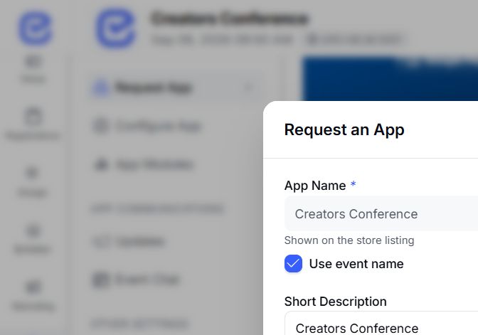 EventHex Request an App form with app name, short description, and contact details