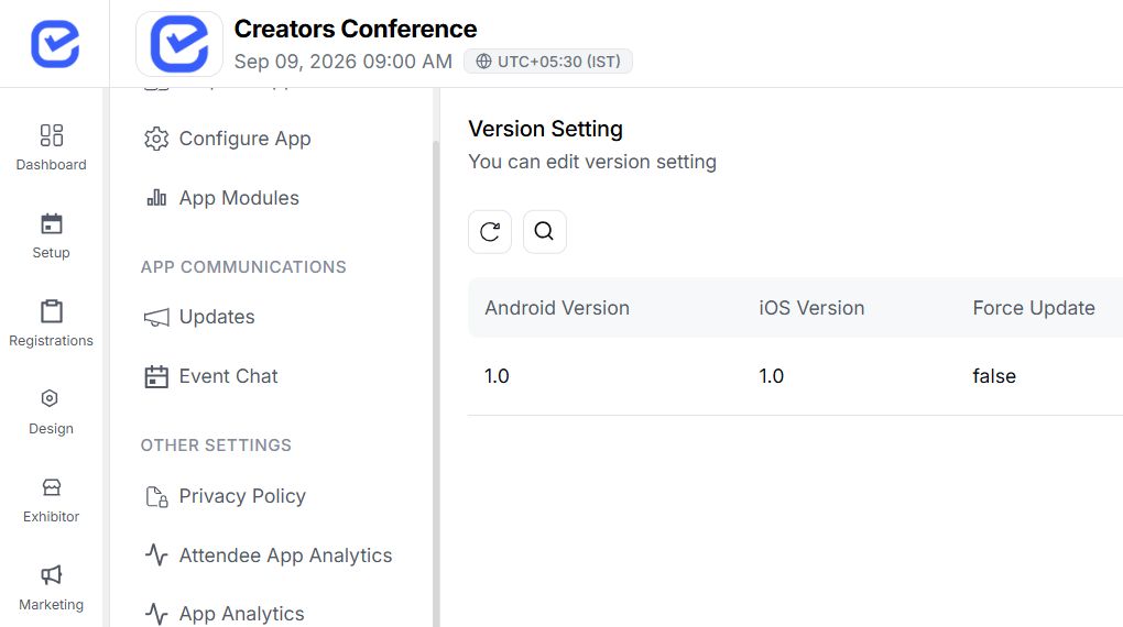 EventHex mobile app version settings with Android and iOS version and store URL columns