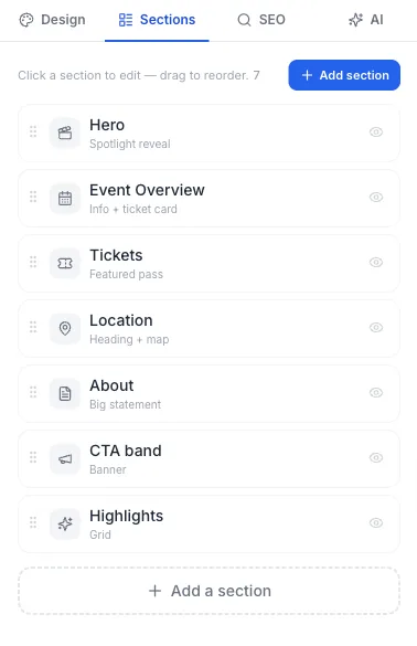 Visual builder — EventHex event website builder