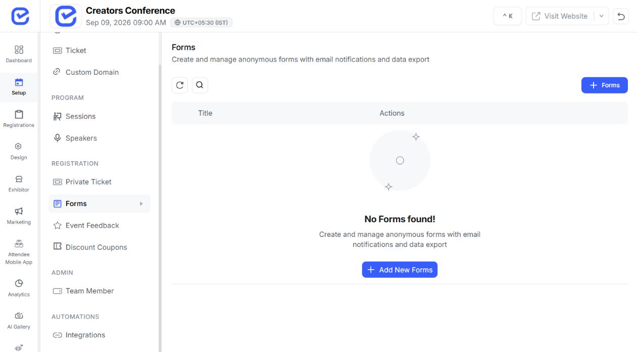EventHex forms workspace connected to an event website