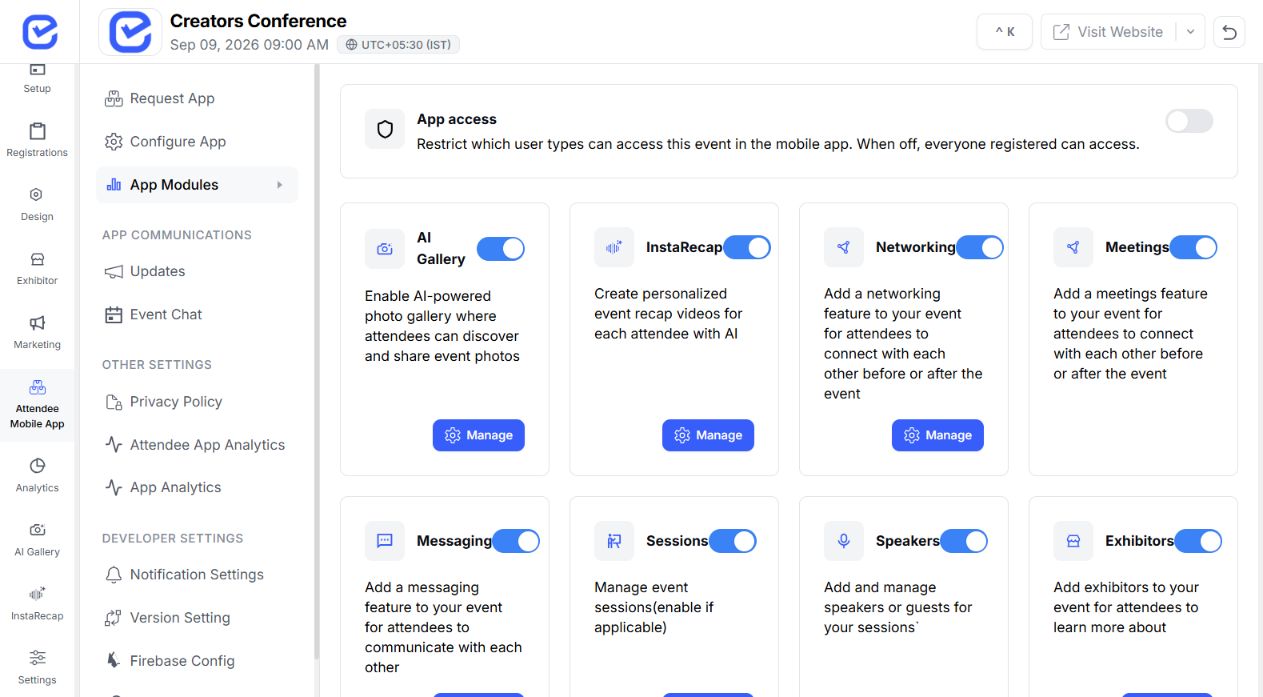 EventHex mobile-app modules and attendee agenda access