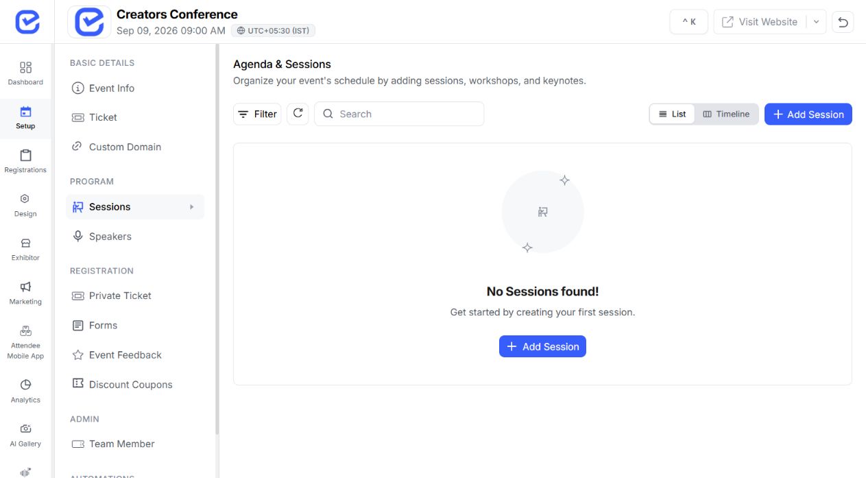 EventHex sessions workspace with programme details